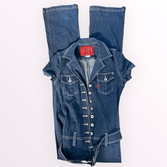 GUESS Vintage Y2K Stretch Denim Wide Leg Belted Button Up Jumpsuit JLO Medium - Picture 5 of 15